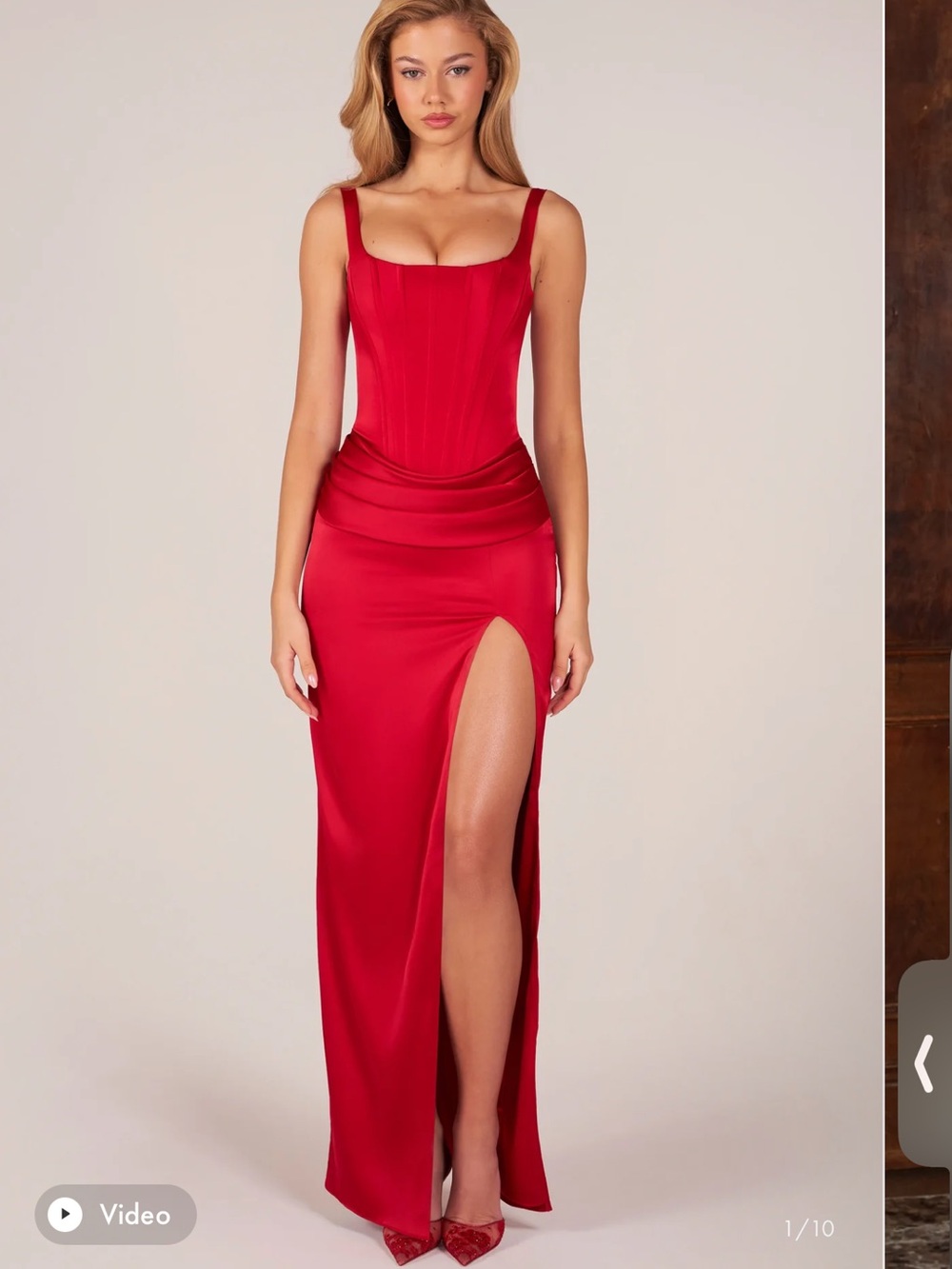 Oh Polly Red Corset Maxi Dress with High Thigh Slit